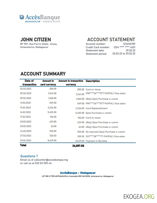 Relevé bancaire Madagascar Acces Banque xls
